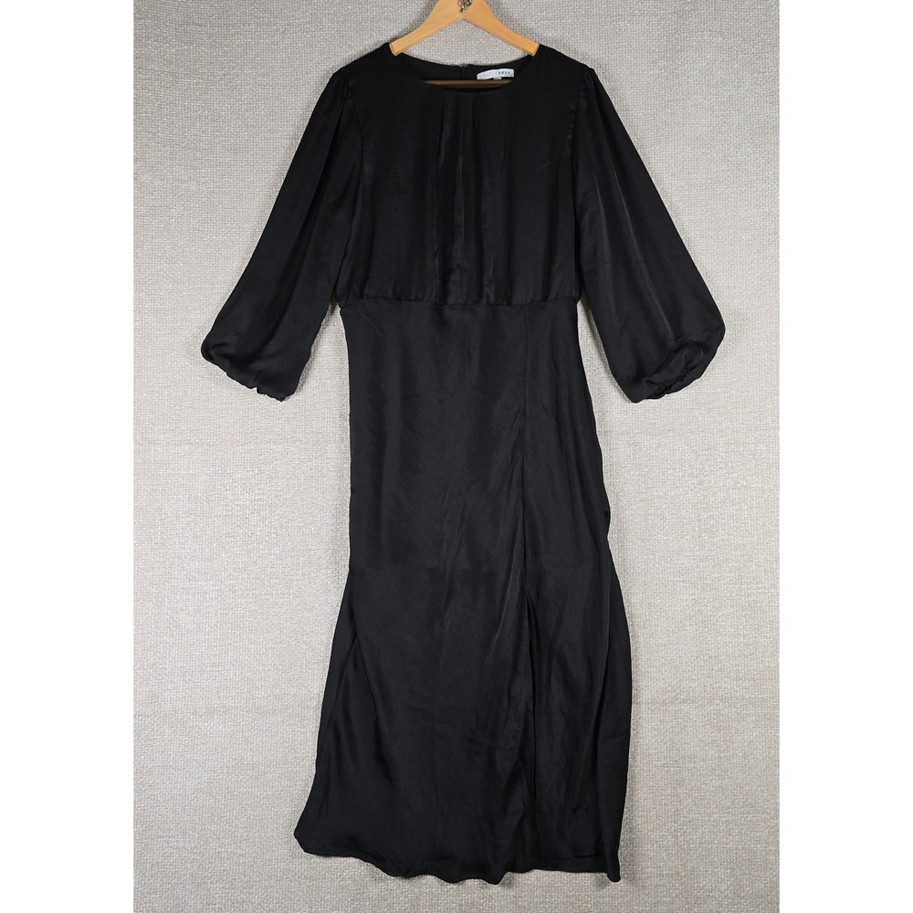 Baltic Born Black Satin Balloon Sleeve Midi Dress Side Slit 99575BB Size L